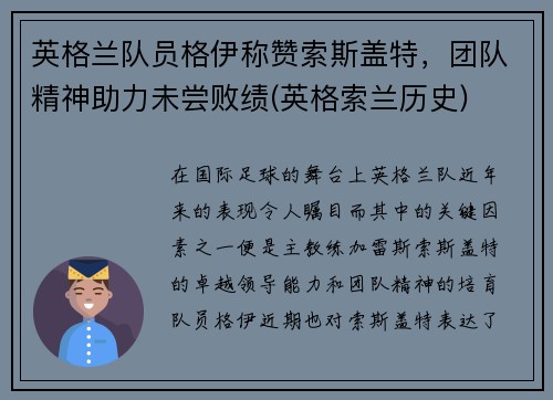 英格兰队员格伊称赞索斯盖特，团队精神助力未尝败绩(英格索兰历史)