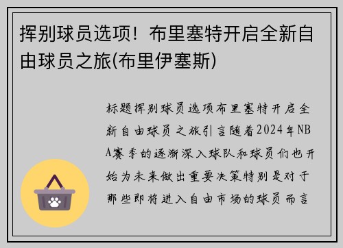 挥别球员选项！布里塞特开启全新自由球员之旅(布里伊塞斯)