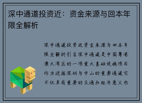 深中通道投资近：资金来源与回本年限全解析