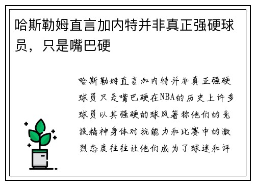 哈斯勒姆直言加内特并非真正强硬球员，只是嘴巴硬