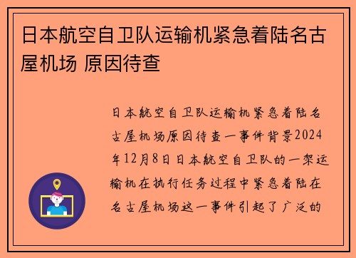 日本航空自卫队运输机紧急着陆名古屋机场 原因待查