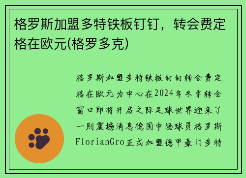 格罗斯加盟多特铁板钉钉，转会费定格在欧元(格罗多克)