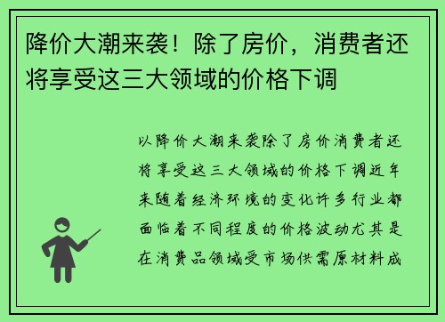 降价大潮来袭！除了房价，消费者还将享受这三大领域的价格下调