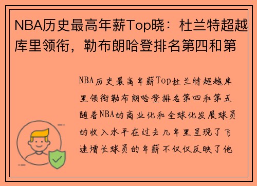 NBA历史最高年薪Top晓：杜兰特超越库里领衔，勒布朗哈登排名第四和第五