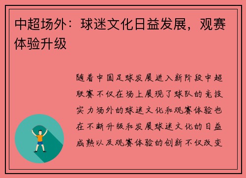 中超场外：球迷文化日益发展，观赛体验升级