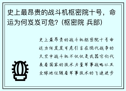 史上最昂贵的战斗机枢密院十号，命运为何岌岌可危？(枢密院 兵部)