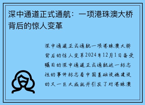 深中通道正式通航：一项港珠澳大桥背后的惊人变革