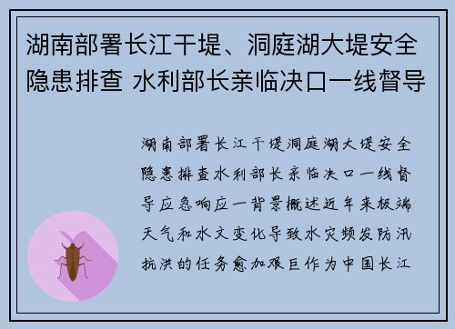 湖南部署长江干堤、洞庭湖大堤安全隐患排查 水利部长亲临决口一线督导应急响应