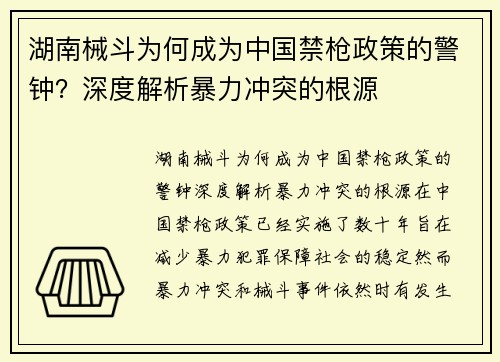 湖南械斗为何成为中国禁枪政策的警钟？深度解析暴力冲突的根源