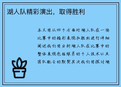 湖人队精彩演出，取得胜利