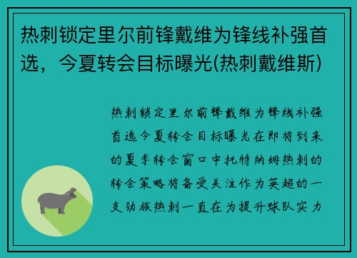 热刺锁定里尔前锋戴维为锋线补强首选，今夏转会目标曝光(热刺戴维斯)