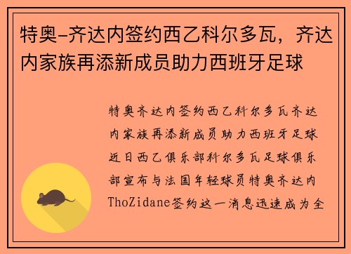 特奥-齐达内签约西乙科尔多瓦，齐达内家族再添新成员助力西班牙足球