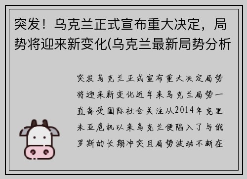 突发！乌克兰正式宣布重大决定，局势将迎来新变化(乌克兰最新局势分析)
