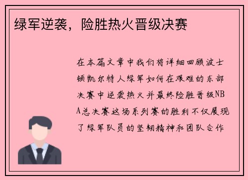 绿军逆袭，险胜热火晋级决赛