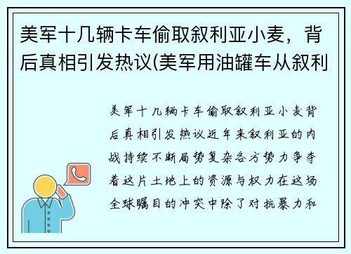 美军十几辆卡车偷取叙利亚小麦，背后真相引发热议(美军用油罐车从叙利亚偷油)