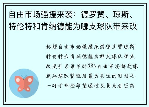 自由市场强援来袭：德罗赞、琼斯、特伦特和肯纳德能为哪支球队带来改变？