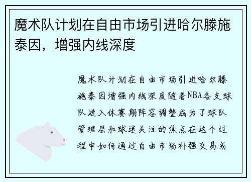 魔术队计划在自由市场引进哈尔滕施泰因，增强内线深度